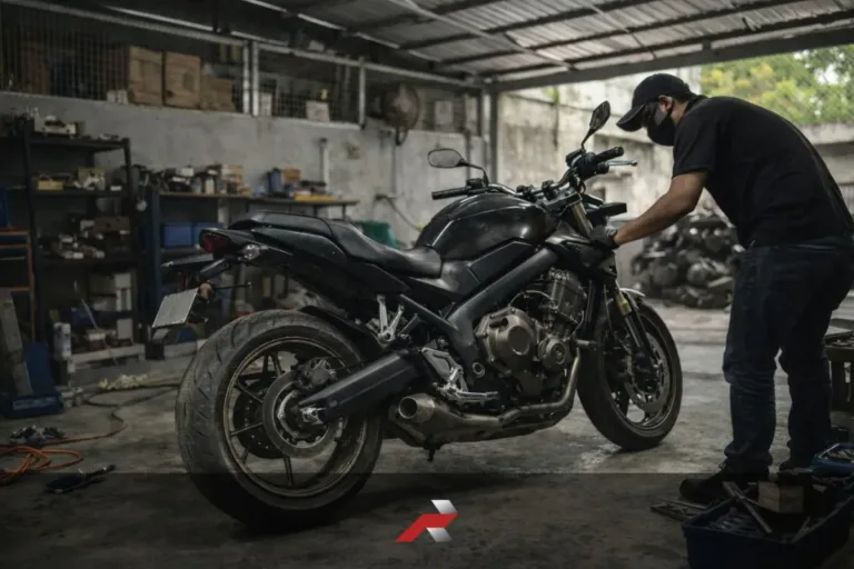 Big bike maintenance in a tropical climate Philippines garage with mechanic servicing a sport touring motorcycle inside a small workshop