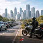 Big bike rider in traffic with Makati skyline representing the future of the motorcycle industry in the Philippines