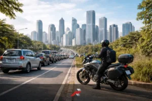 Big bike rider in traffic with Makati skyline representing the future of the motorcycle industry in the Philippines