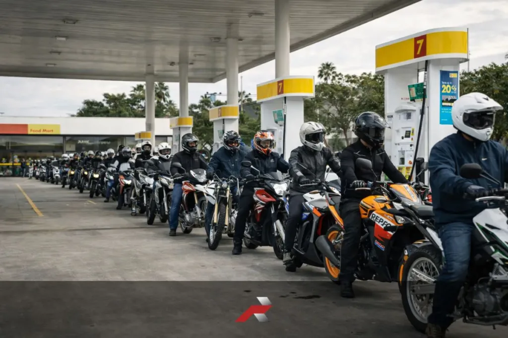 Long line of motorcycle riders refueling at a gas station in the Philippines during the fuel crisis showing motorcycles as transportation solution