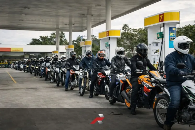Long line of motorcycle riders refueling at a gas station in the Philippines during the fuel crisis showing motorcycles as transportation solution