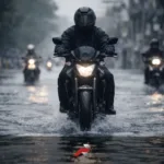 Motorcycle riding through flooded Philippine street during monsoon season showing best touring tire Philippine monsoon wet road performance