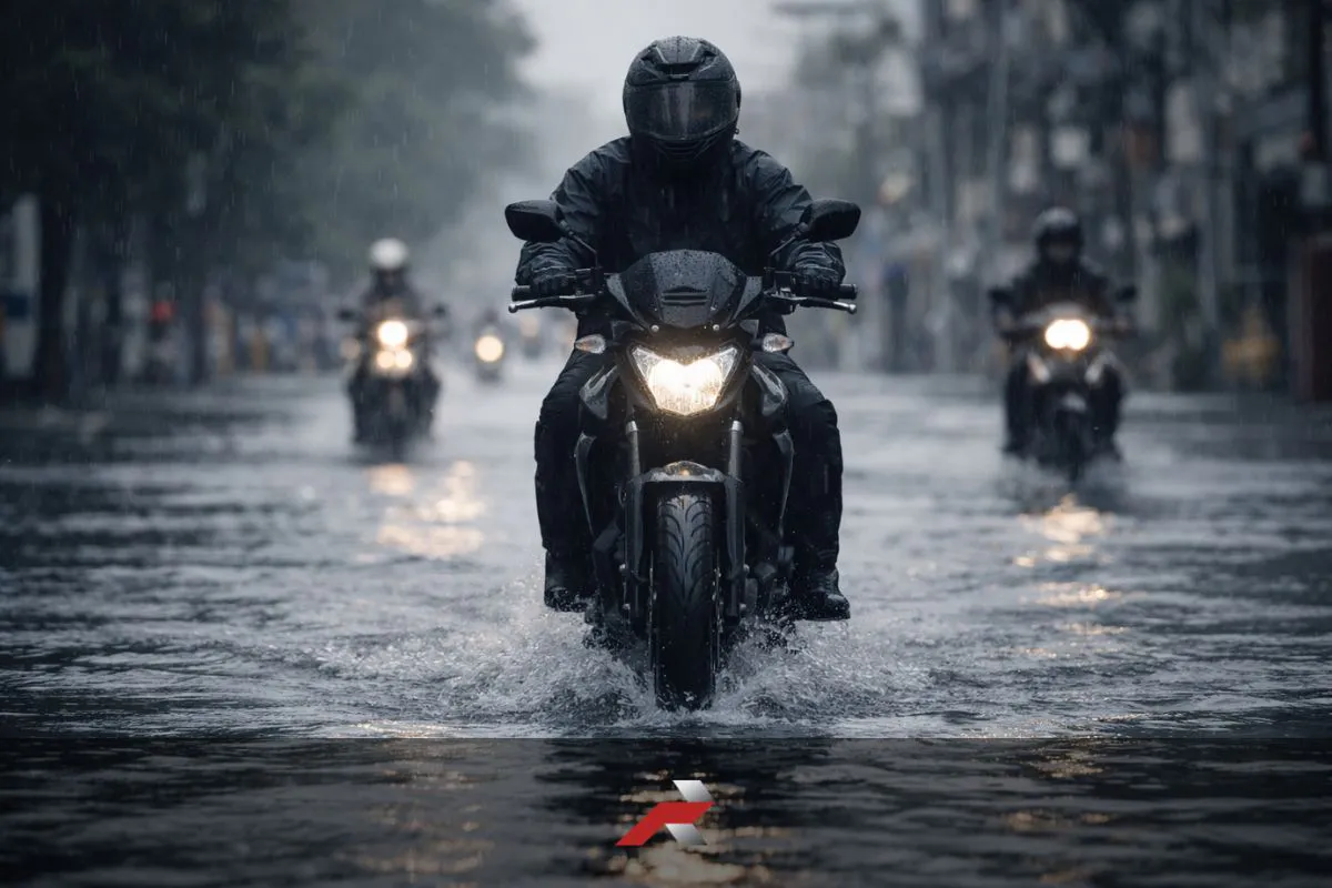 Motorcycle riding through flooded Philippine street during monsoon season showing best touring tire Philippine monsoon wet road performance