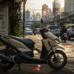 fuel saving scooter riding tips Philippines scooter on wet road with traffic and urban commute scene
