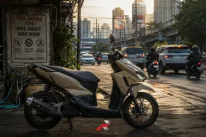 fuel saving scooter riding tips Philippines scooter on wet road with traffic and urban commute scene