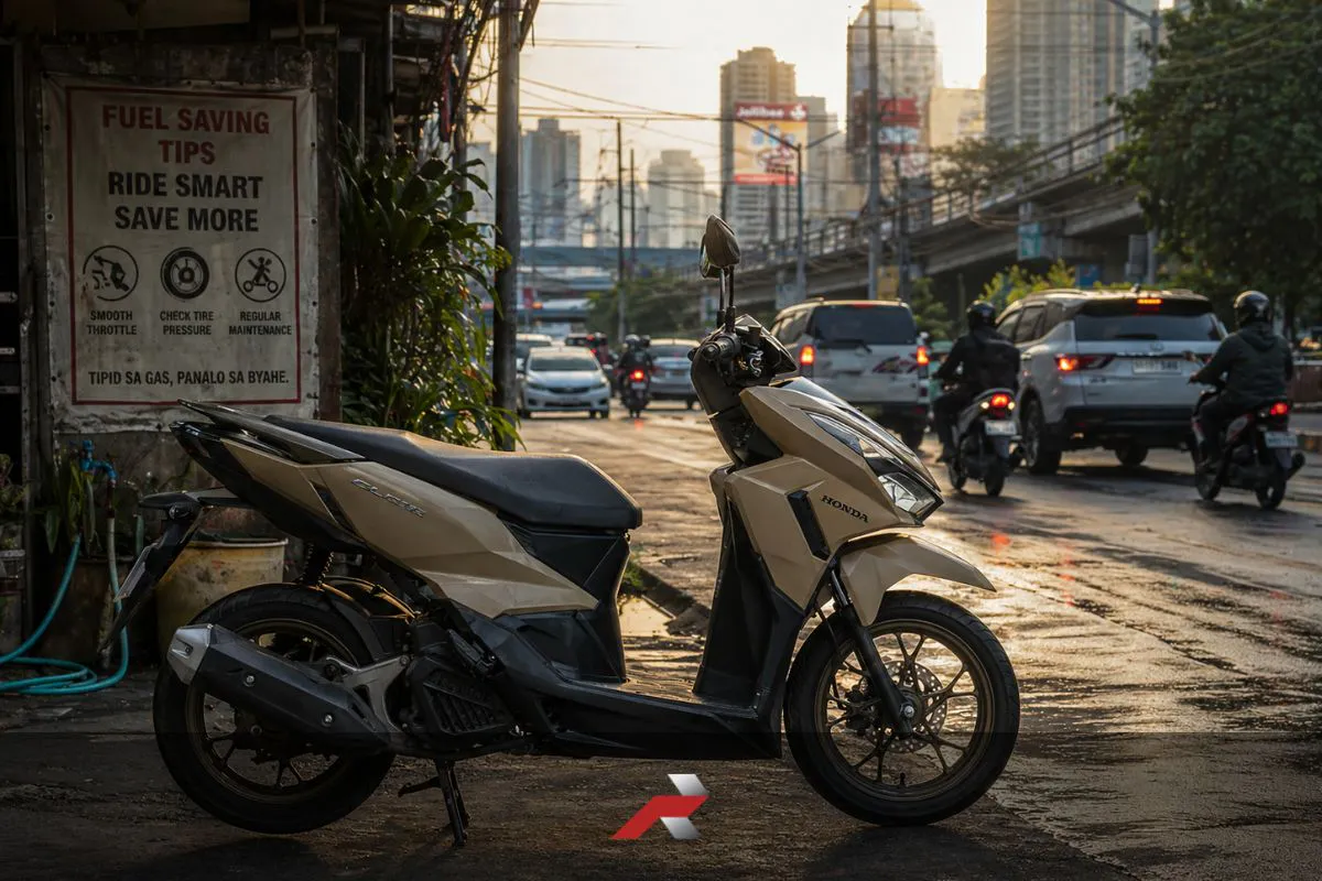 fuel saving scooter riding tips Philippines scooter on wet road with traffic and urban commute scene