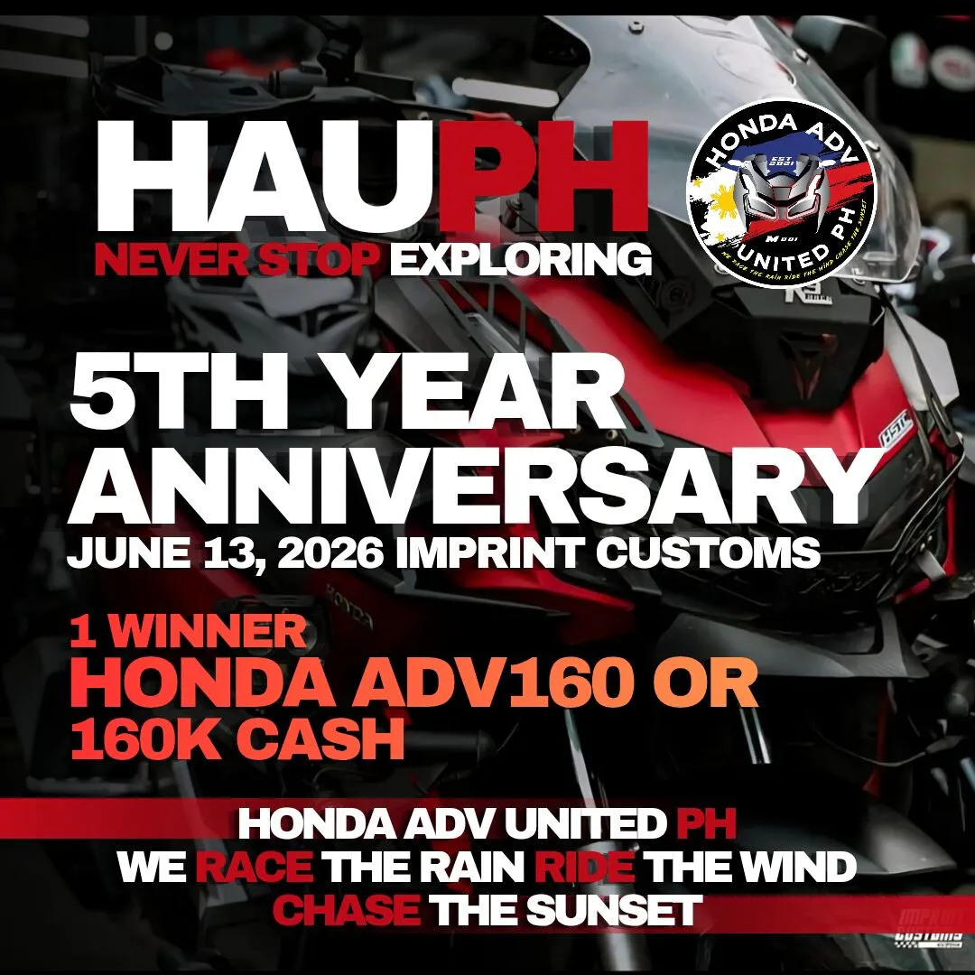 HAUPH 5th Year Anniversary 2026 event poster showing Honda ADV160 raffle and Imprint Customs Antipolo venue