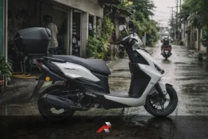 Kymco Agility ECO 125i scooter parked on a wet Philippine street showing real daily commute conditions and urban riding environment