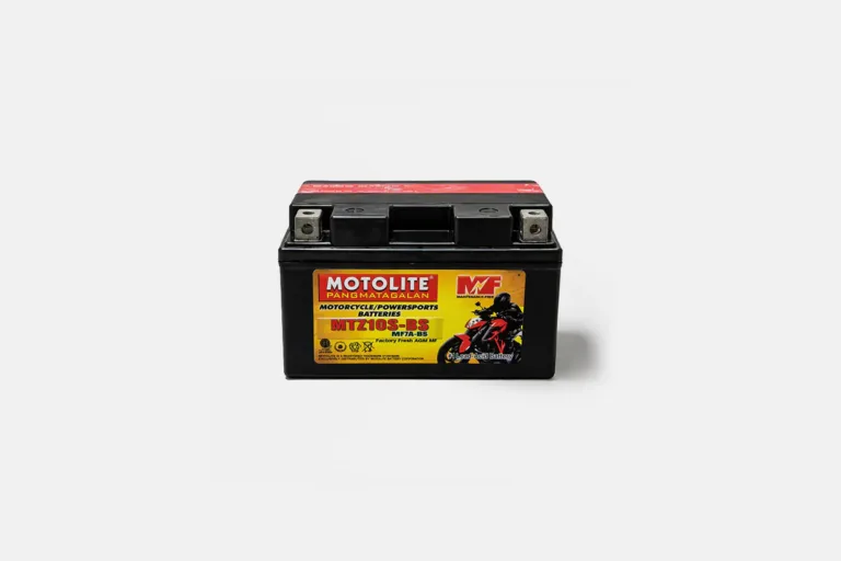 Motolite MTZ10S BS AGM battery frontal view with shadow on white background