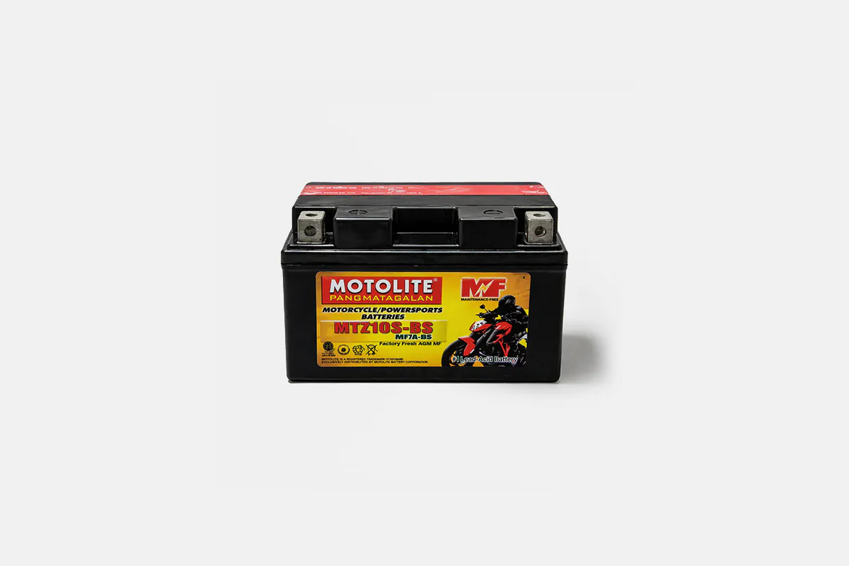 Motolite MTZ10S BS AGM battery frontal view with shadow on white background