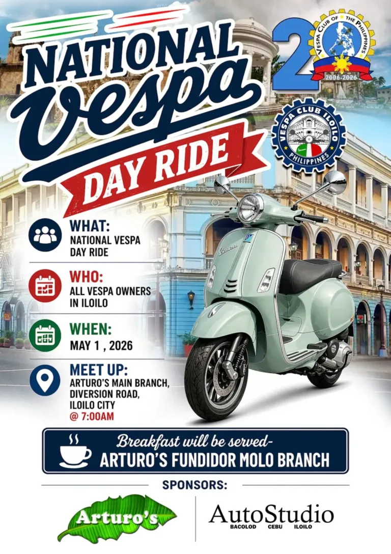 National Vespa Day Ride 2026 poster showing Vespa scooter and event details in Iloilo City