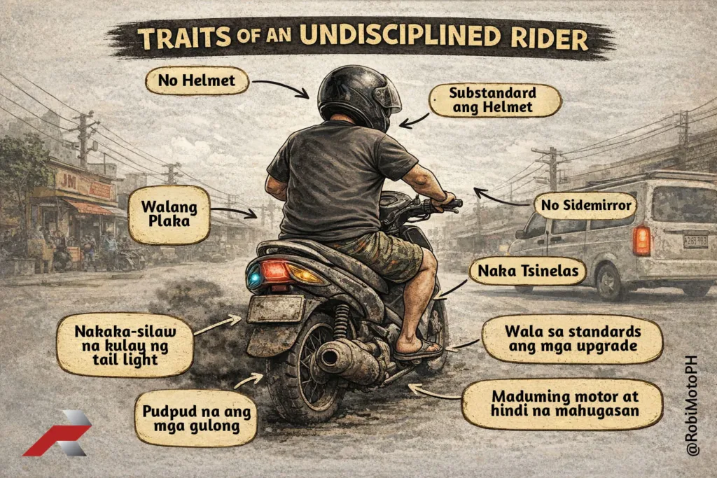 Undisciplined rider traits in the Philippines showing no helmet, worn tires, improper tail light, and poor motorcycle maintenance on city roads