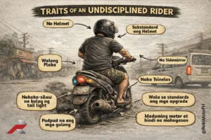 Undisciplined rider traits in the Philippines showing no helmet, worn tires, improper tail light, and poor motorcycle maintenance on city roads