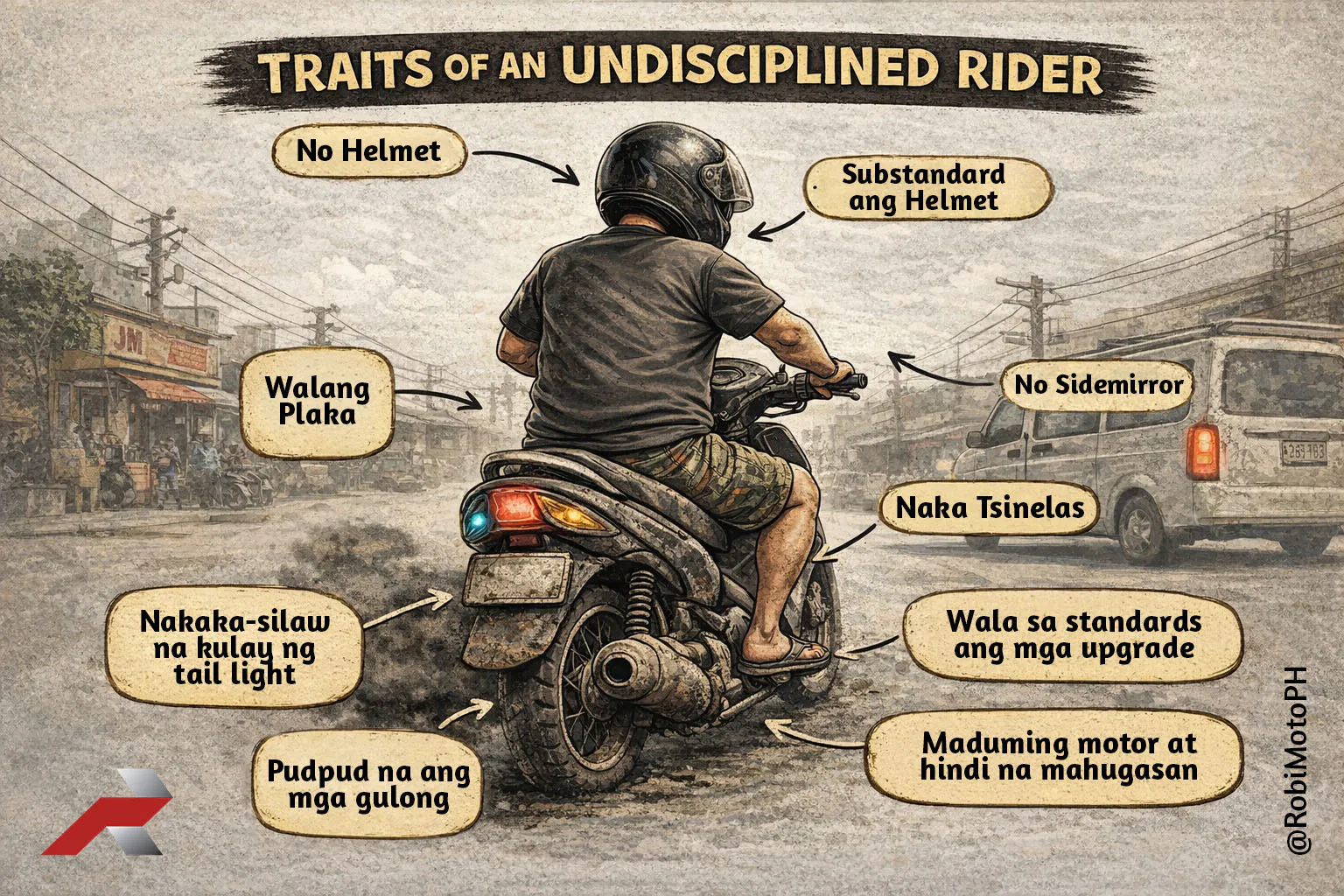 Undisciplined rider traits in the Philippines showing no helmet, worn tires, improper tail light, and poor motorcycle maintenance on city roads