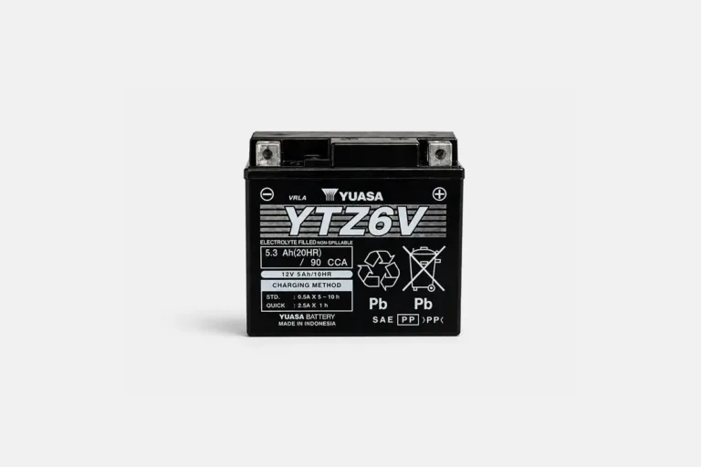 Yuasa YTZ6V motorcycle battery with clean white background and realistic shadow