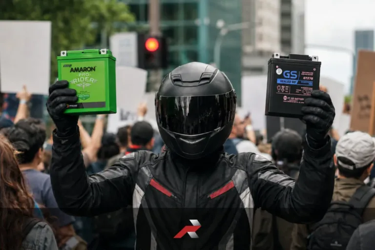 Amaron vs GS Battery featured image showing a helmeted rider in full gear holding both motorcycle batteries in a crowd