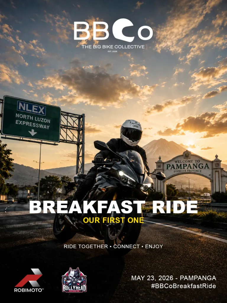 BBCo Breakfast Ride 2026 poster showing a big bike rider on the road with NLEX and Pampanga visual elements.