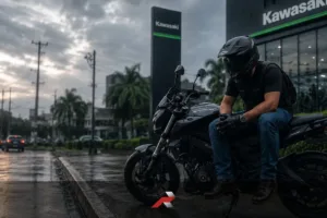 A rider on a Dominar motorcycle outside a Kawasaki dealership, reflecting on Bajaj Philippines and the future of Dominar riders.