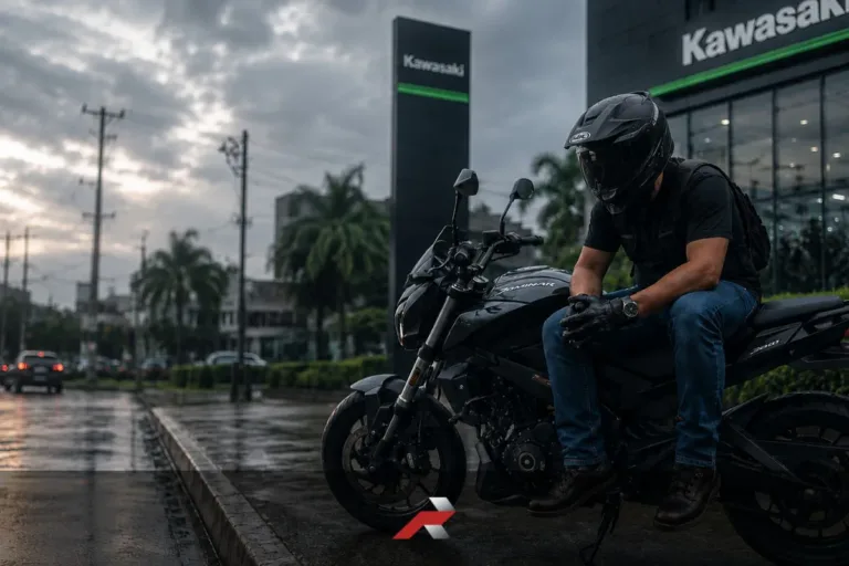 A rider on a Dominar motorcycle outside a Kawasaki dealership, reflecting on Bajaj Philippines and the future of Dominar riders.