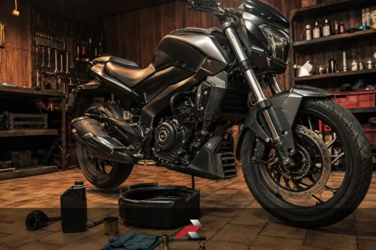 Big bike oil change service in a garage with a Dominar-style motorcycle, oil drain pan, tools, and maintenance supplies