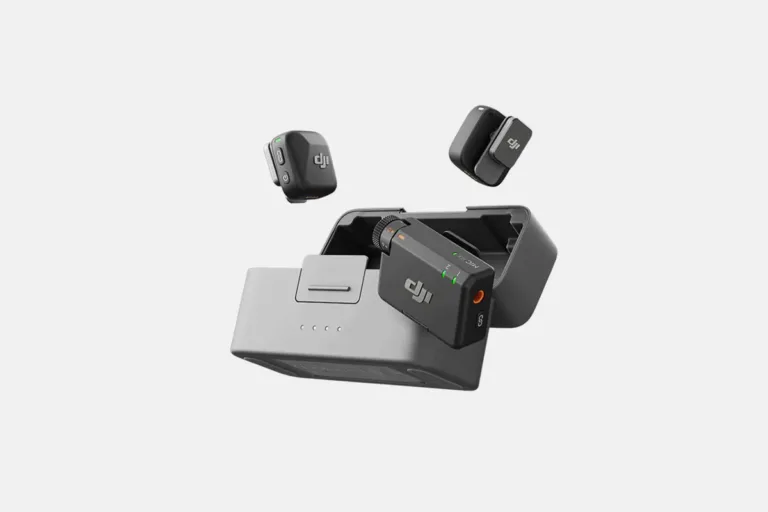 DJI Mic Mini wireless microphone system with charging case and transmitters for motorcycle audio recording setup