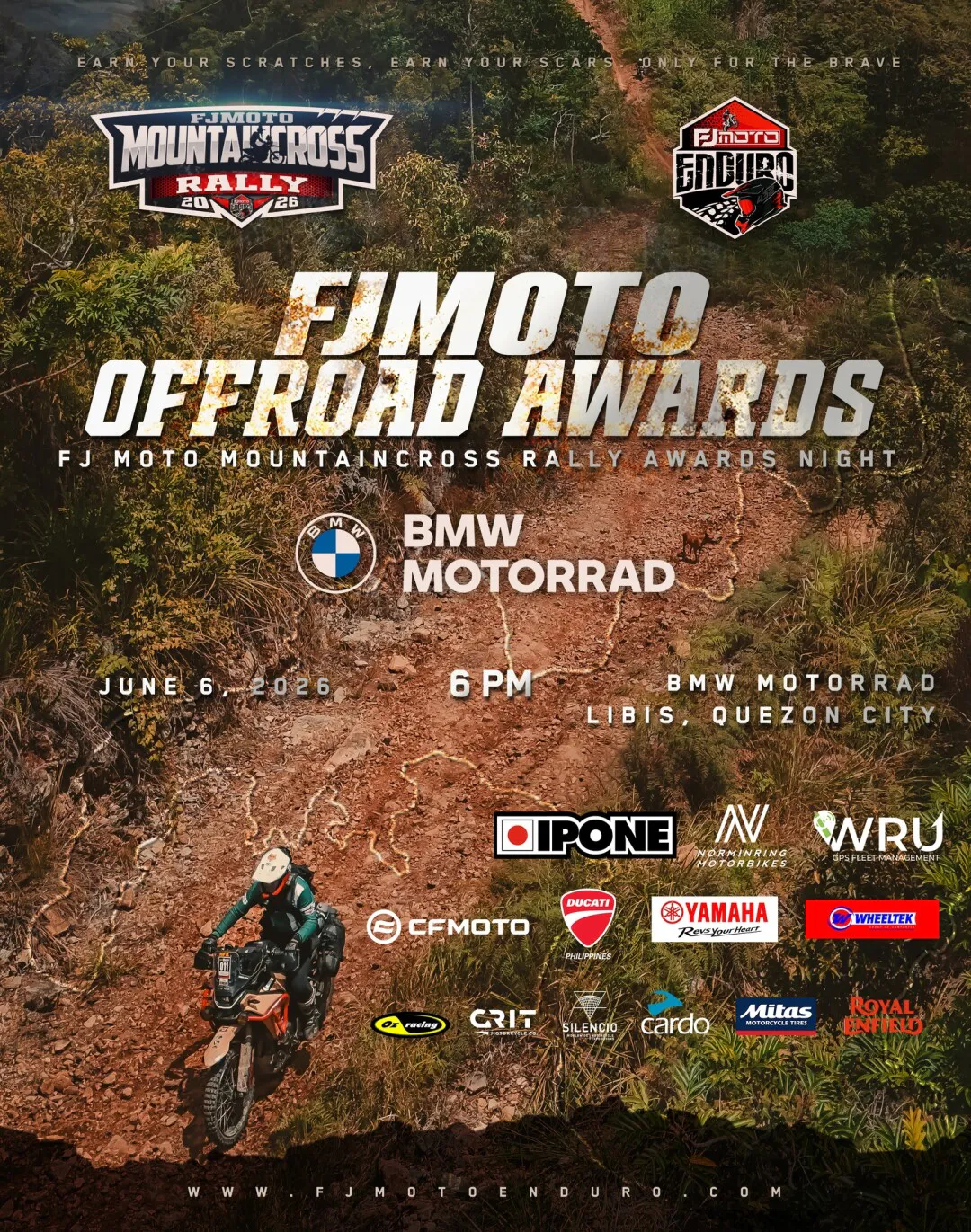 FJ Moto Offroad Awards 2026 poster featuring mountaincross rally rider at BMW Motorrad Libis Quezon City