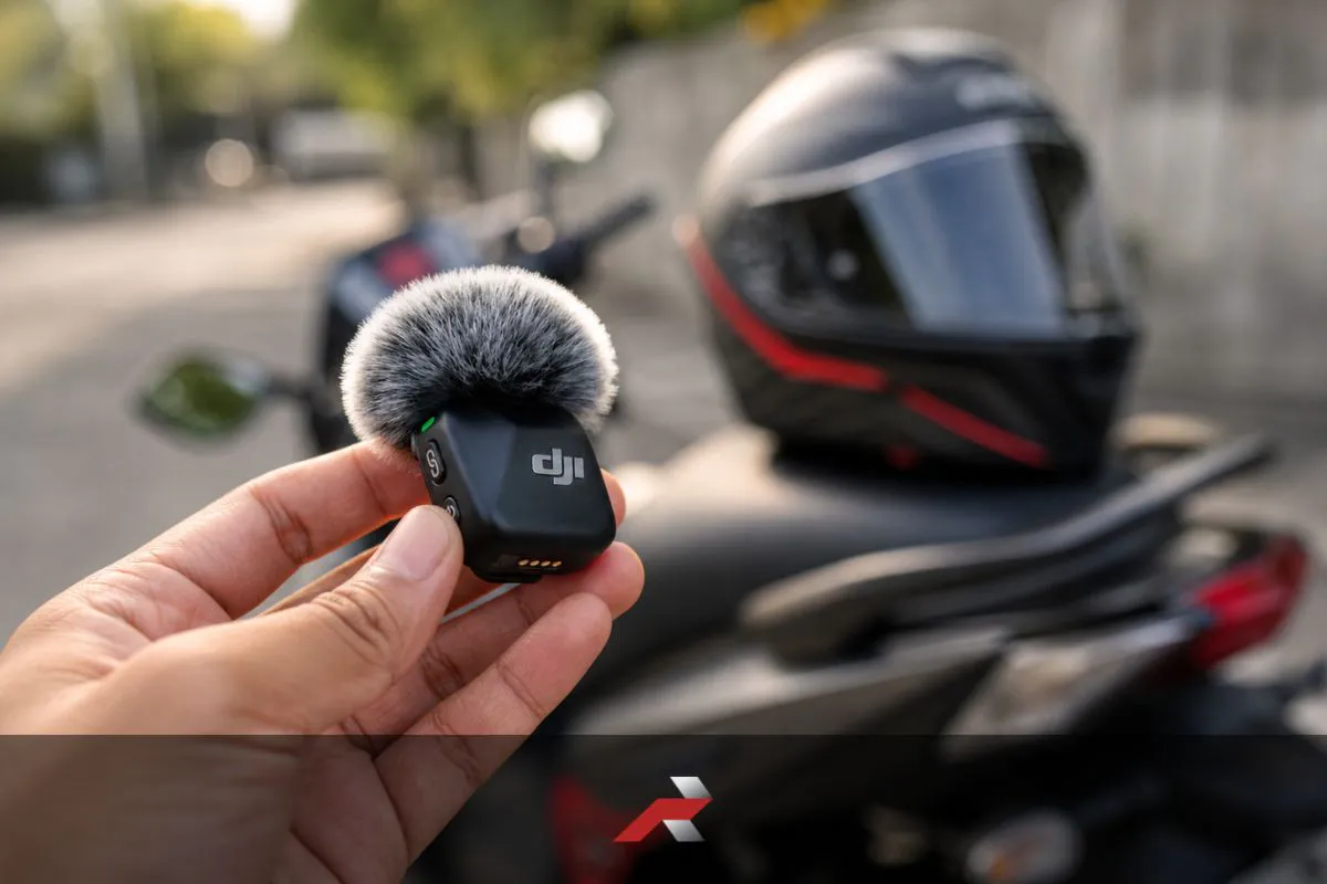 fix motorcycle helmet audio setup using DJI Mic Mini with helmet on motorcycle seat in Philippine riding conditions