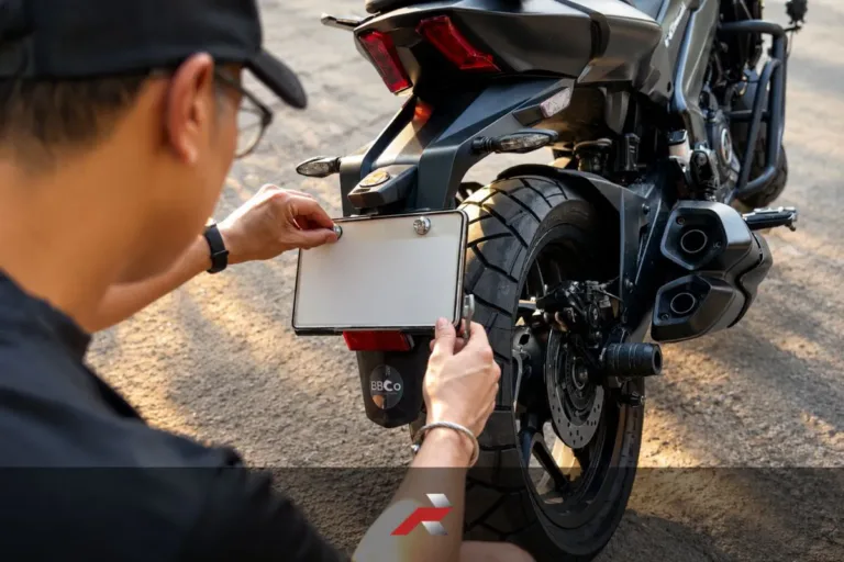 Motorcycle backplate protectors Philippines featured image showing a rider installing a protected rear plate setup on a motorcycle