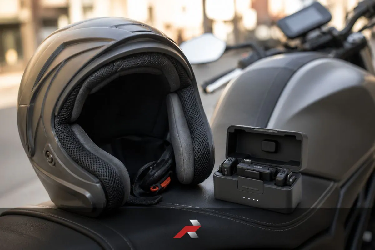 Motorcycle helmet and wireless microphone system with charging case placed on a motorcycle seat for motovlogging setup