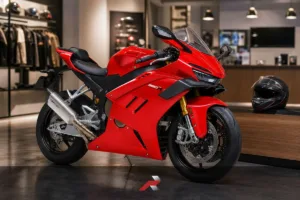 ZXMOTO Buying Guide image showing a red ZXMOTO 820RR sportbike in a premium Philippine showroom setting