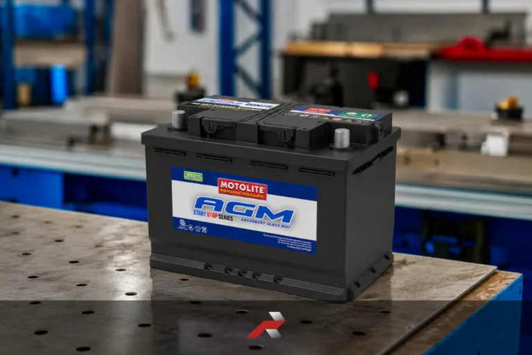 AGM battery vs conventional battery Philippines featured image showing an AGM motorcycle battery placed on a workshop table