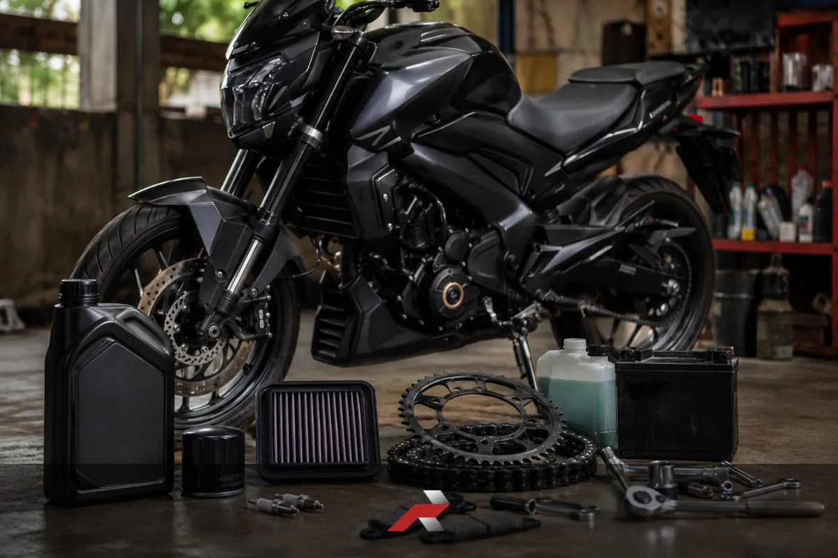 Dominar maintenance parts list Philippines showing oil filter, spark plugs, chain, sprocket, brake pads, battery, coolant, air filter, and engine oil for PMS