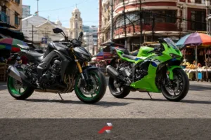 Kawasaki Z1100 SE Philippines and Kawasaki ZX-6R side by side on a Quiapo street background