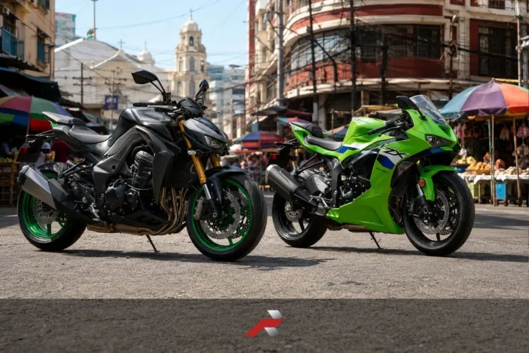 Kawasaki Z1100 SE Philippines and Kawasaki ZX-6R side by side on a Quiapo street background