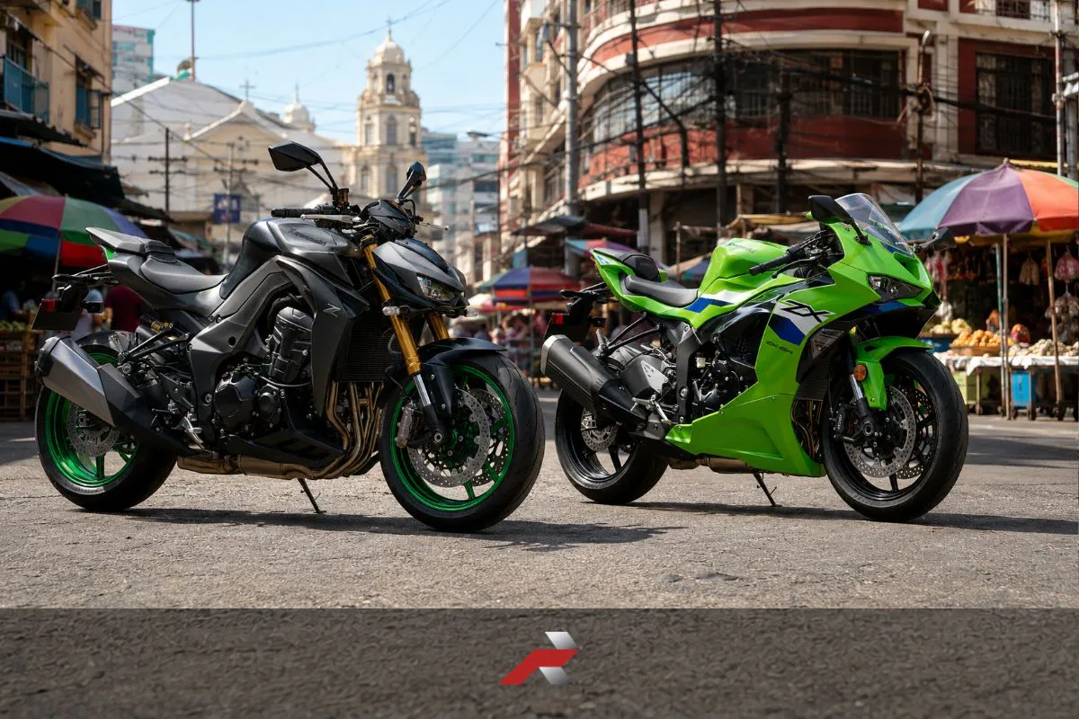 Kawasaki Z1100 SE Philippines and Kawasaki ZX-6R side by side on a Quiapo street background