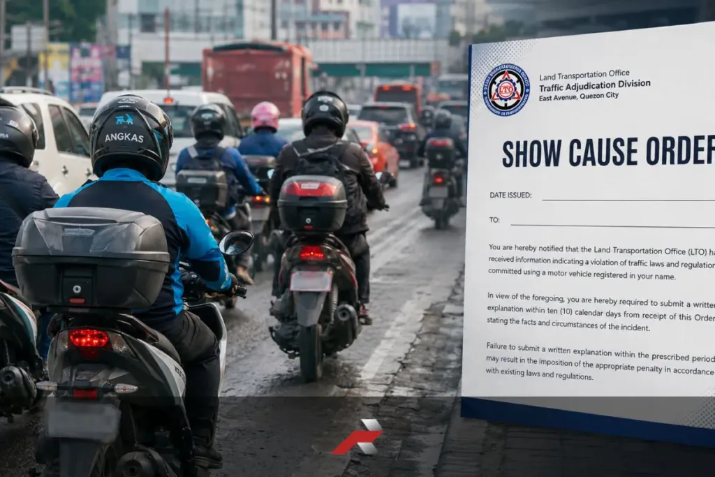 LTO Show-Cause Order featured image showing Filipino motorcycle riders in traffic with an official notice graphic