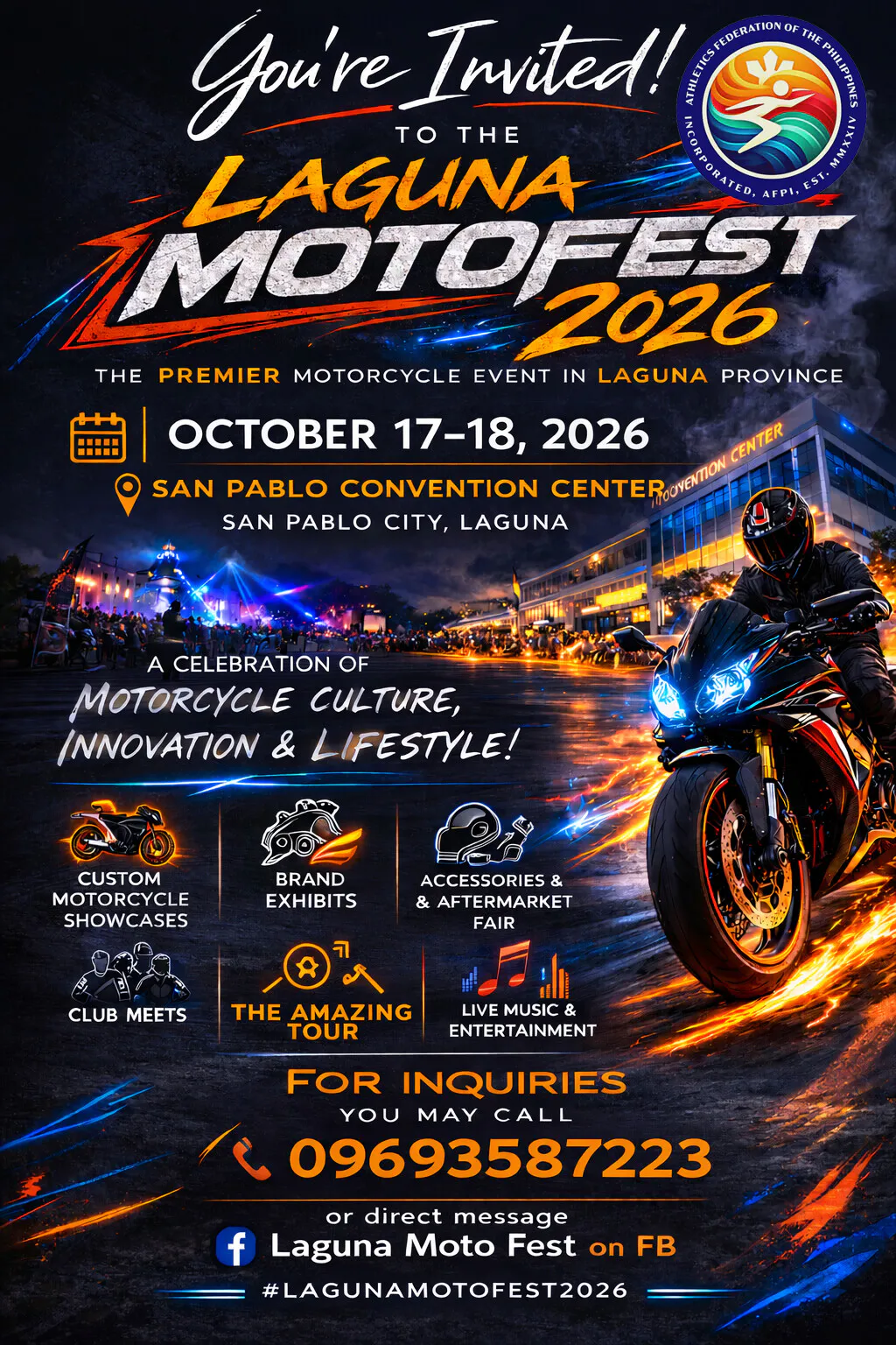 Laguna MotoFest 2026 poster featuring a sportbike rider, San Pablo Convention Center, and motorcycle event highlights in Laguna