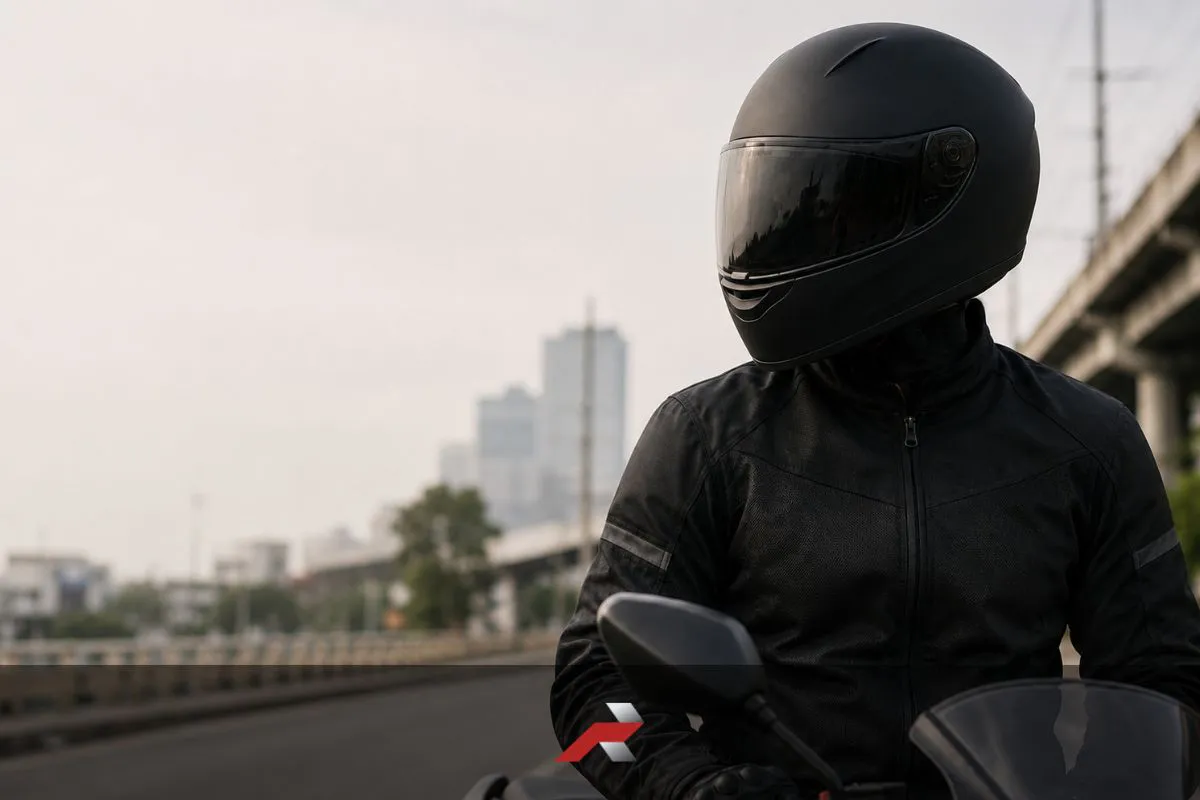 Motorcycle Helmet Guide Philippines featured image showing a rider wearing a full-face helmet on a city road