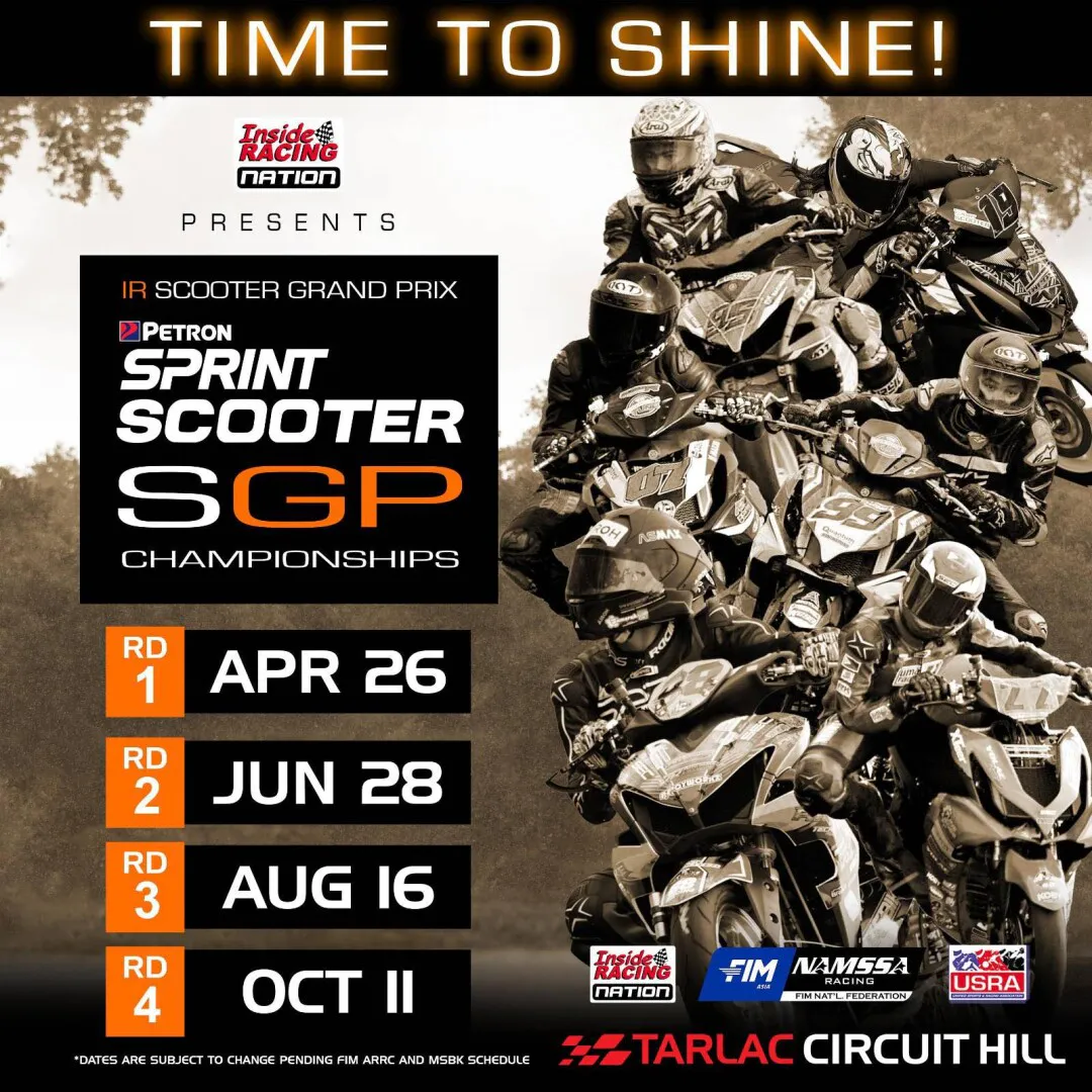 Petron Sprint SGP 2026 Scooter Grand Prix Championship poster showing race schedule and scooter racers at Tarlac Circuit Hill