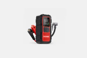 Portable motorcycle jump starter Philippines with tire inflator, jumper clamps, power bank function, and emergency light on white background