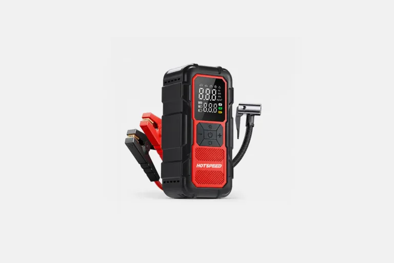 Portable motorcycle jump starter Philippines with tire inflator, jumper clamps, power bank function, and emergency light on white background