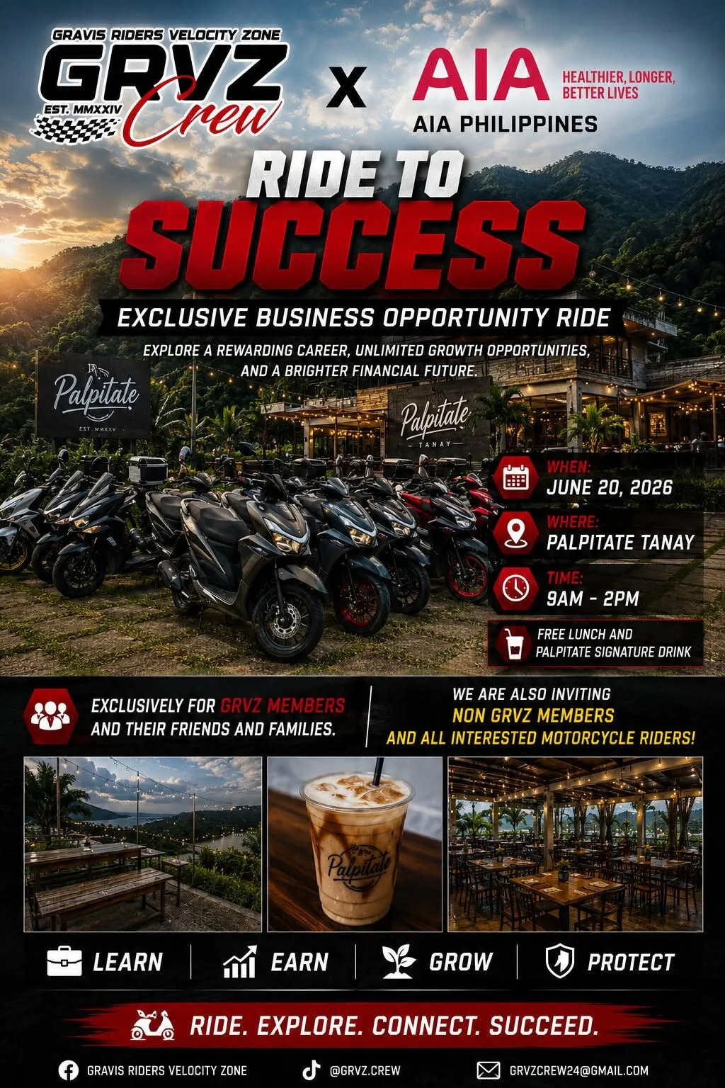 Ride To Success 2026 GRVZ Crew x AIA Philippines motorcycle business opportunity ride at Palpitate Coffee Tanay Rizal