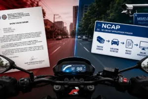 Show-Cause Order vs NCAP featured image showing motorcycle rider perspective with traffic camera enforcement and official notice concept
