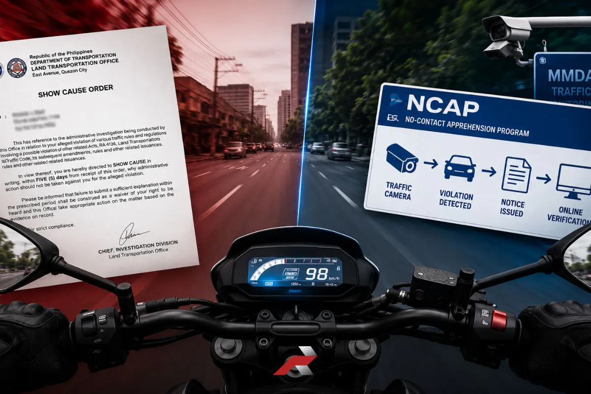 Show-Cause Order vs NCAP featured image showing motorcycle rider perspective with traffic camera enforcement and official notice concept