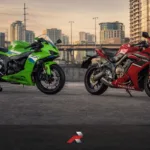 ZX-6R vs CBR650R Philippines comparison showing Kawasaki Ninja ZX-6R and Honda CBR650R on an urban city background