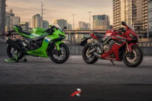 ZX-6R vs CBR650R Philippines comparison showing Kawasaki Ninja ZX-6R and Honda CBR650R on an urban city background