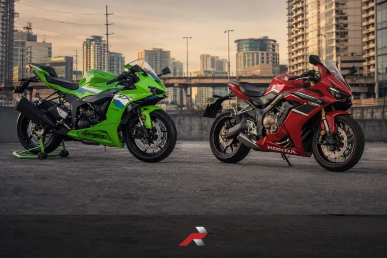 ZX-6R vs CBR650R Philippines comparison showing Kawasaki Ninja ZX-6R and Honda CBR650R on an urban city background