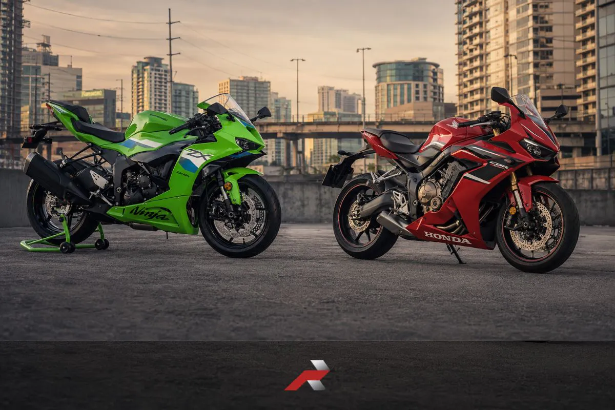 ZX-6R vs CBR650R Philippines comparison showing Kawasaki Ninja ZX-6R and Honda CBR650R on an urban city background